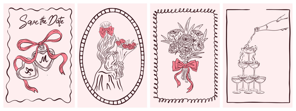 Hand drawn chalk wedding poster. Casual vintage Italian style married party elements for invitations, cards, menu and party. Save the date. Vector Ink doodle sketch style illustrations 