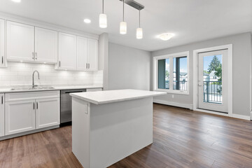 Kitchen with a white island and a silver dishwasher