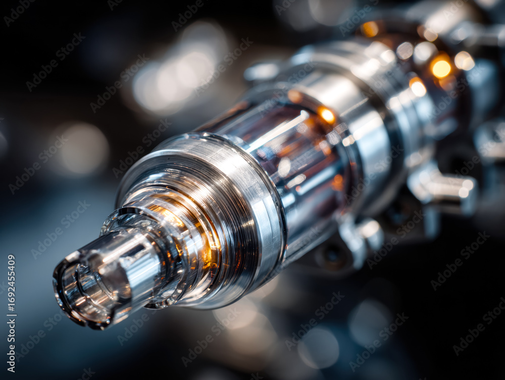 Poster close-up of a high-performance engine part with metallic and glass components
