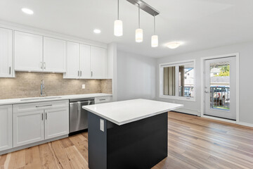 Kitchen with a white island and a silver dishwasher