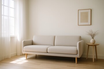 minimalist living room with cozy beige sofa and natural light creating warm and inviting ambiance