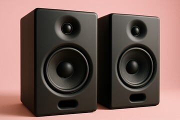 Fototapeta premium modern black speakers with sleek design on a pastel pink background creating contrast and style