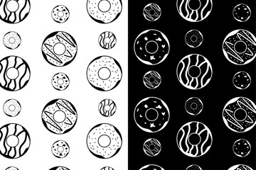 Seamless donut pattern in black and white doodle style. Cute hand-drawn design perfect for kids, bakery branding, wrapping paper, and textile prints.