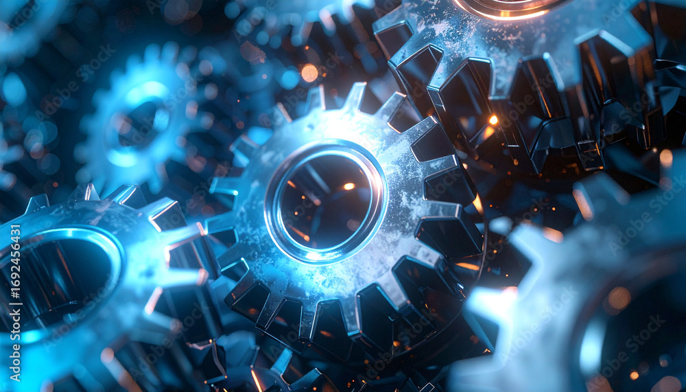 Poster gear mechanism: a close-up view of interconnected gear mechanisms, showcasing intricate details and 