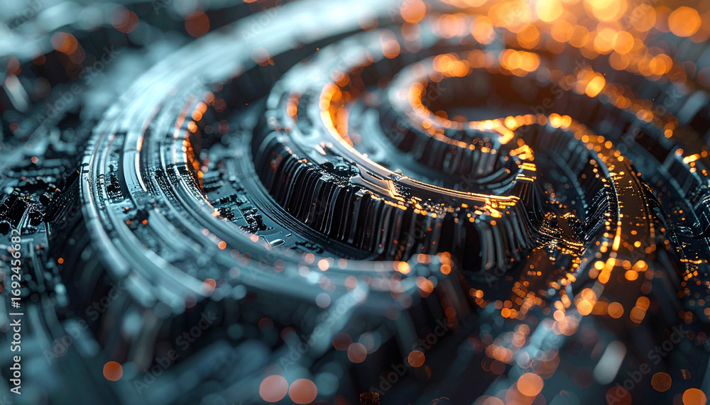 Poster abstract technology design: an intricate digital design pulsates with light, embodying the convergen