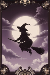 Naklejka premium halloween silhouette of witch flying on broomstick against the full moon under cloudy sky