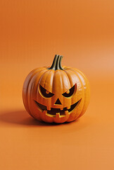 spooky jack-o'-lantern with carved face on orange background celebrating halloween