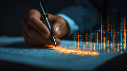 Business professional analyzing data and financial graphs on a digital screen