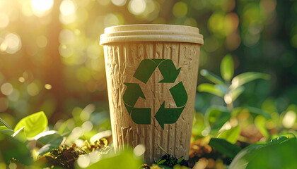 Eco-Friendly Recycled Cup: A sustainable paper cup adorned with the universal recycling symbol, nestled amidst vibrant green foliage.