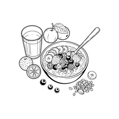 A minimalist black and white vector illustration of a healthy breakfast with a bowl of oats and fresh fruits.

