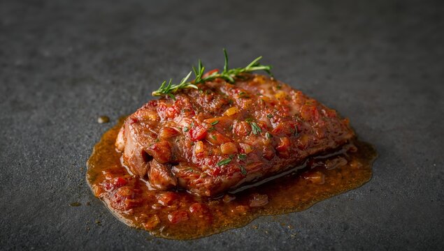 Culinary Composition with Saturated Tones and Garnishing Textured Dark Background.