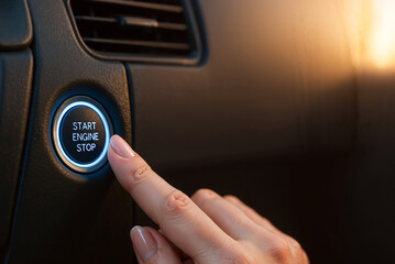 finger pressing start engine stop button in modern car interior at sunset