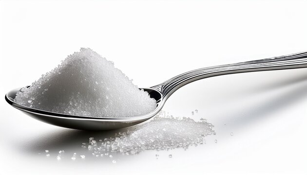 silver spoon filled with white sugar crystals isolated on a white background