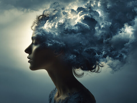 Profile of a woman with storm clouds transforming into clear skies highlights the journey from chaos to clarity