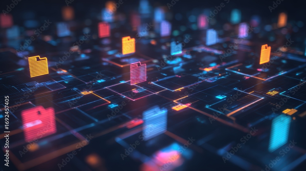 Poster abstract network grid with files and folders, futuristic software interface, digital document manage