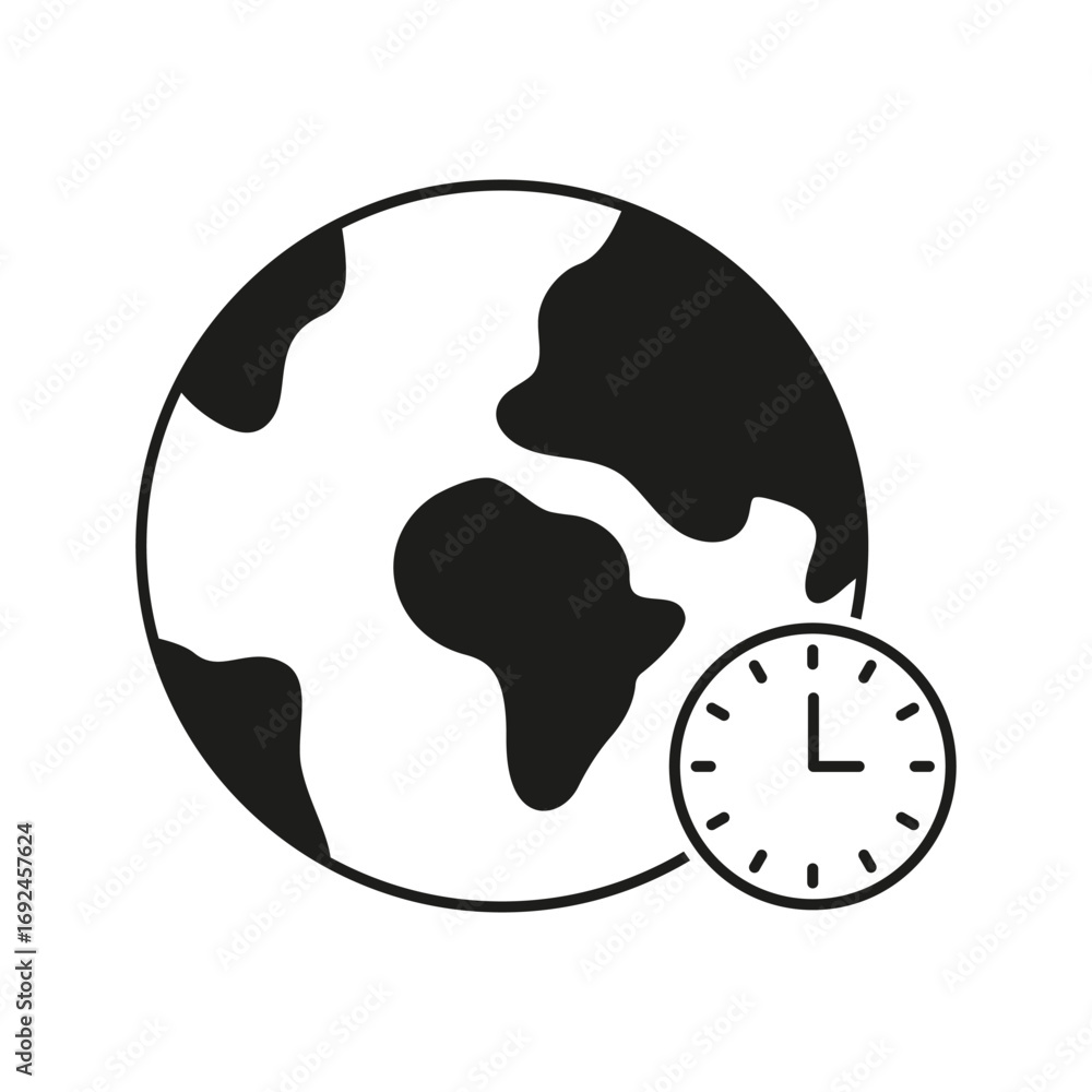 Poster earth with clock solid icon. global time management and world clock silhouette symbol. international