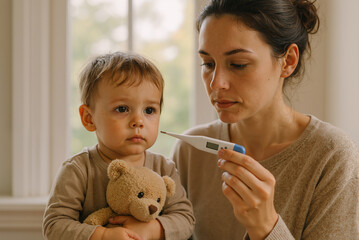 Concerned mother checking toddler's temperature with thermometer at home