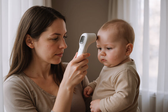 mother measuring baby's temperature with digital thermometer at home for health monitoring