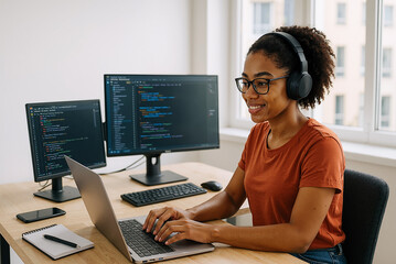 focused woman software developer working on laptop with headphones in modern home office