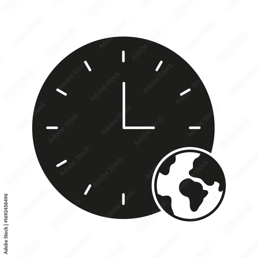 Poster clock with globe solid icon. global time management and world clock silhouette symbol. international