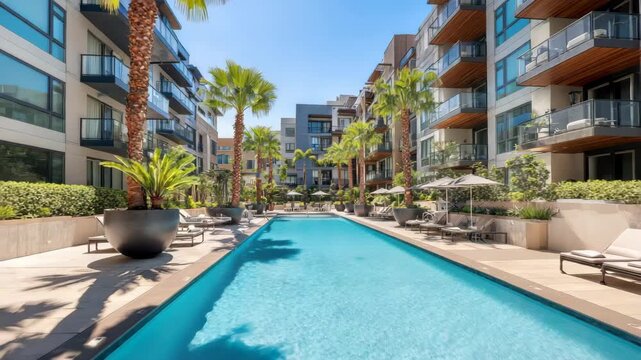Azure Swimming Pool Surrounded by Modern Buildings and Palm Trees Under Bright Sunlight Creates a Serene Ambiance for Summer Relaxation and Urban Tranquility