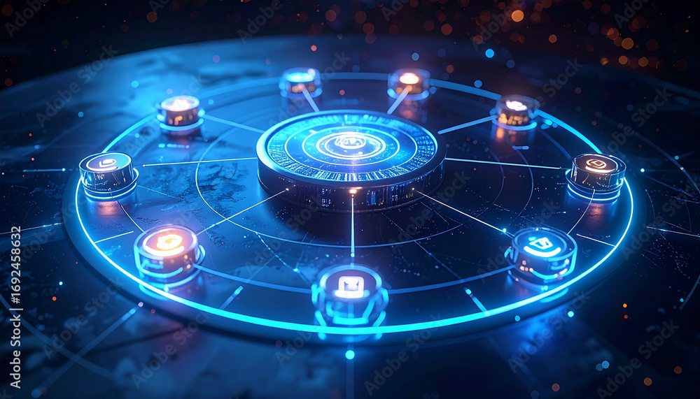 Poster digital network connection: a futuristic digital network comes alive with connected devices, showcas