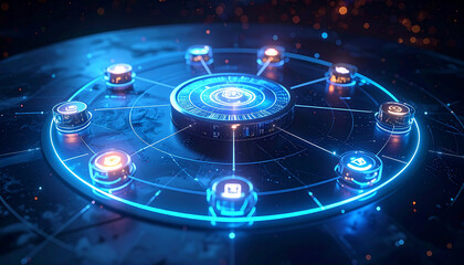 Digital Network Connection: A futuristic digital network comes alive with connected devices, showcasing intricate circuit pathways and a central hub. representing technology’s boundless capacity. 