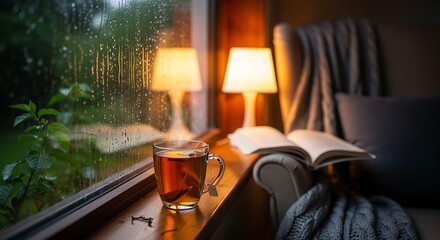 Cozy rainy day reading with tea by the window.