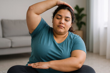 focused woman practicing mindful yoga and meditation in cozy living room with natural light