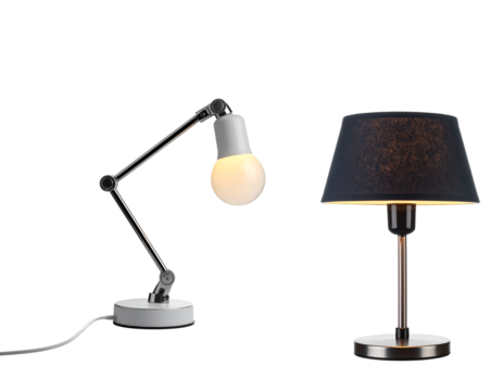 Two different desk lamps one modern adjustable and one classic with a dark shade isolated on transparent background