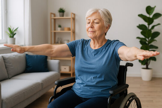 elderly woman doing seated exercise in cozy living room, fostering wellness and relaxation - Powered by Adobe
