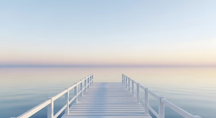 Obraz premium A wooden pier at sunrise over a foggy sea. Travel and new beginnings. A serene and hopeful scene of a new day.