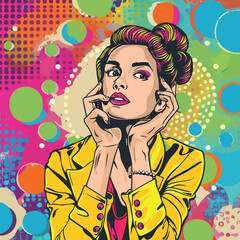 Colorful pop art portrait of a fashionable woman in a yellow jacket with a bold abstract background of circles and halftone patterns. Modern retro vector.