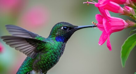 Hummingbird feeds on flower