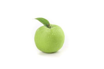 Fresh Green Apple with Leaf and Water Drops from Shaanxi China Isolated on White Background