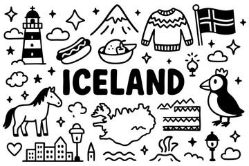 Fototapeta premium Iceland doodle illustration: puffin, horse, volcano, lighthouse, hot spring, sweater, flag, map, mountains, and local food icons.