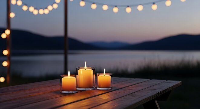A candlelit lantern on a table. Ambiance and relaxation. A warm and cozy scene with soft, flickering light.