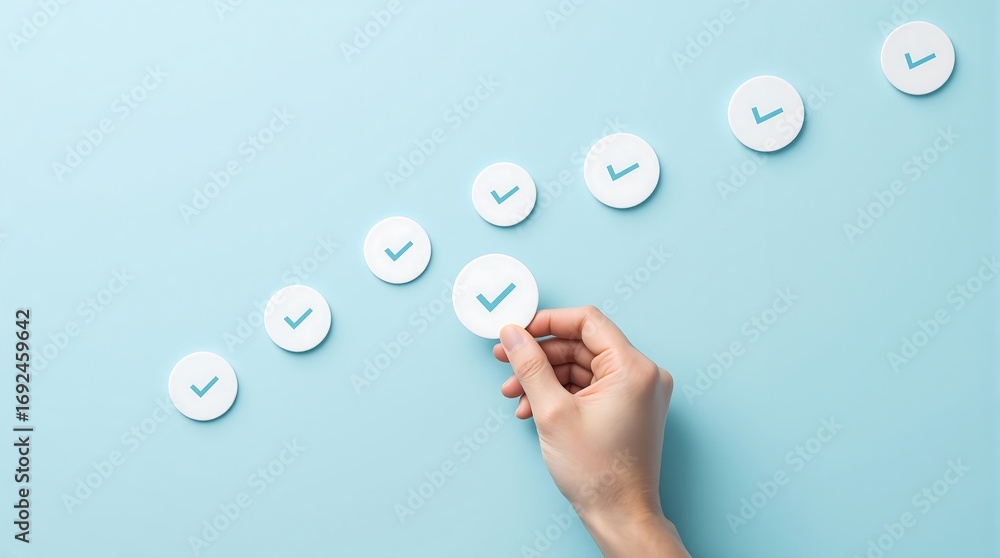 Aufkleber hand placing check mark icon in a row concept of task management project management and completed ta