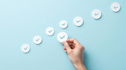 Hand placing check mark icon in a row concept of task management project management and completed tasks