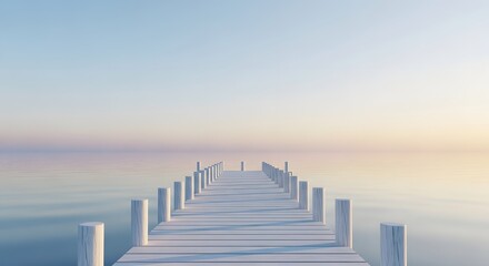 Fototapeta premium A wooden pier extending into a calm sea. Travel and tranquility. A peaceful and serene scene of a pier at the beach.