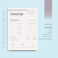 Modern clean invoice template professional business billing statement design document.