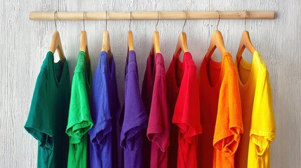 Rainbow-colored clothes on wooden hangers, a celebration of vibrant simplicity.