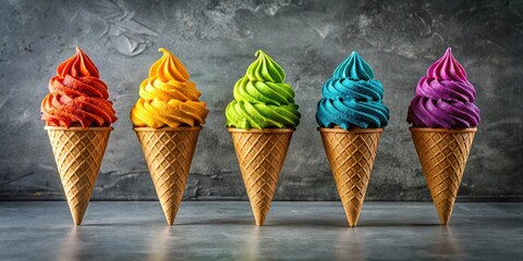 Vibrant Rainbow Swirl Frozen Treats in Crispy Cones on a Dark Background