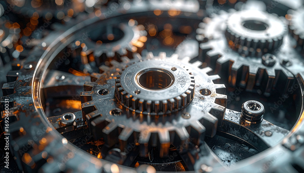 Poster mechanical harmony: a captivating view of intricate metal gears interlock, symbolizing seamless coll