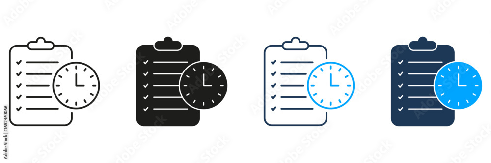 Aufkleber checklist with clock line and solid icon set. task management, time tracking, and productivity plann