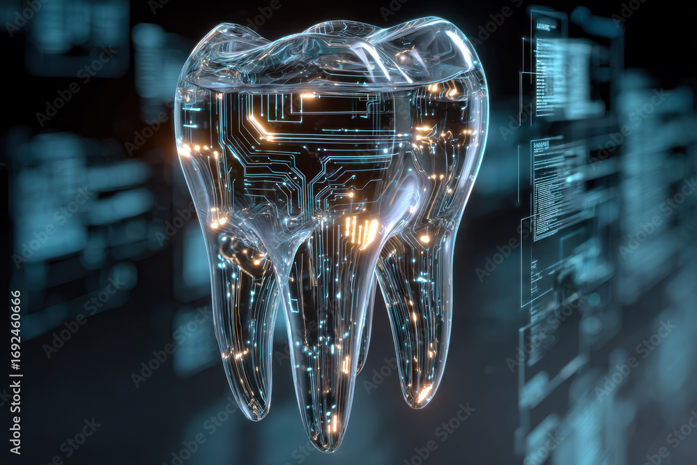 Aufkleber futuristic digital rendering of a tooth with integrated circuitry and technology elements