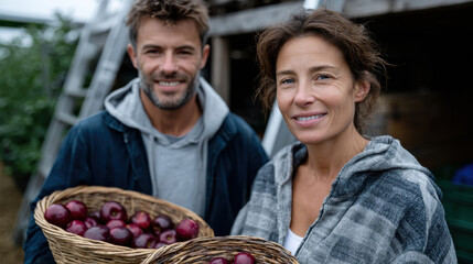 A cheerful couple proudly holding baskets of fresh apples during a family outing, showcasing commitment to quality time and the joy of gathering seasonal produce together.