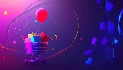 Shopping cart with gifts and balloon, vibrant pink and purple background, illustrating Black Friday gift planning, flat lay composition.