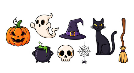 Halloween Icon Set with Pumpkin, Ghost, Cat, Witch Hat, and Skull