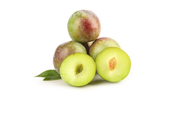 Fresh Red and Green Plums Whole and Halved on White Background